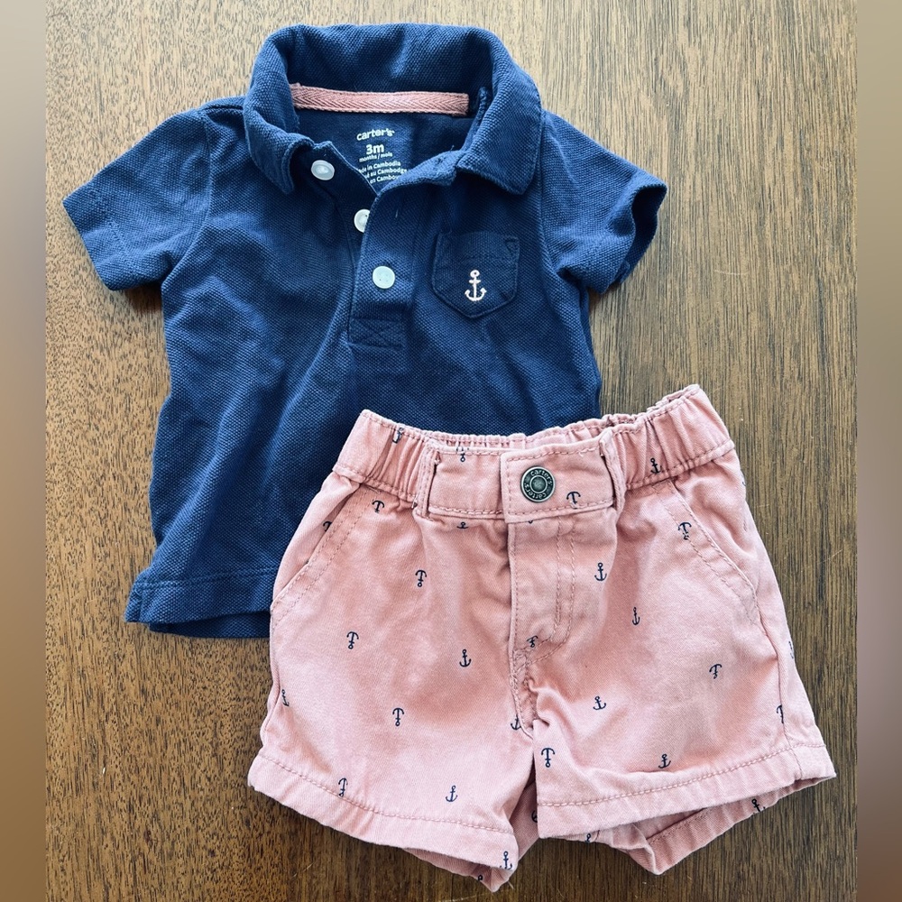 Anchor nautical Carter’s 3 month baby boy nautical outfit short and polo shirt